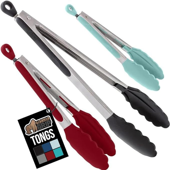 GORILLA GRIP Stainless Steel Heat Resistant Kitchen Tongs for Cooking, 7 + 9 + 12 Inch Set of 3 BBQ Tong, Non Scratch Silicone Tip for Pans, Strong Grip, Grab Food, Pull Lock, Black Mint Red