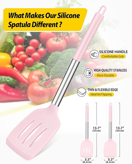 Pack of 2 Silicone Solid Turner, Non Stick Slotted Kitchen Spatulas, High Heat Resistant BPA Free Cooking Utensils, Ideal Cookware for Fish, Eggs, Pancakes(Pink)