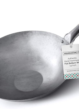 Mammafong Flat Bottom Carbon Steel Wok Pan - Authentic Hand Hammered Woks and Stir Fry Pans - 14" Pow Wok