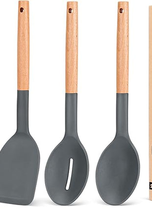 Pack of 4 Silicone Cooking Utensils Set, Non Stick Solid Spatulas and Heat Resistant Slotted Spoons with Wooden Handle, Ideal Wood Kitchen Utensils Set for Frying,Serving,Turning,Stirring (GRAY)