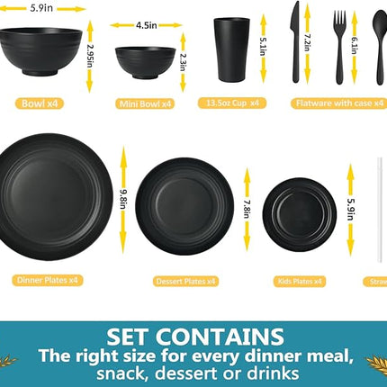 Teivio 40-Piece Kitchen Plastic Wheat Straw Dinnerware Sets, Service for 4, Dinner Plates,Dessert Plates,Cereal Bowls, Cups, Flatware,Dishwasher Safe, Unbreakable Outdoor Camping Dishes, Black