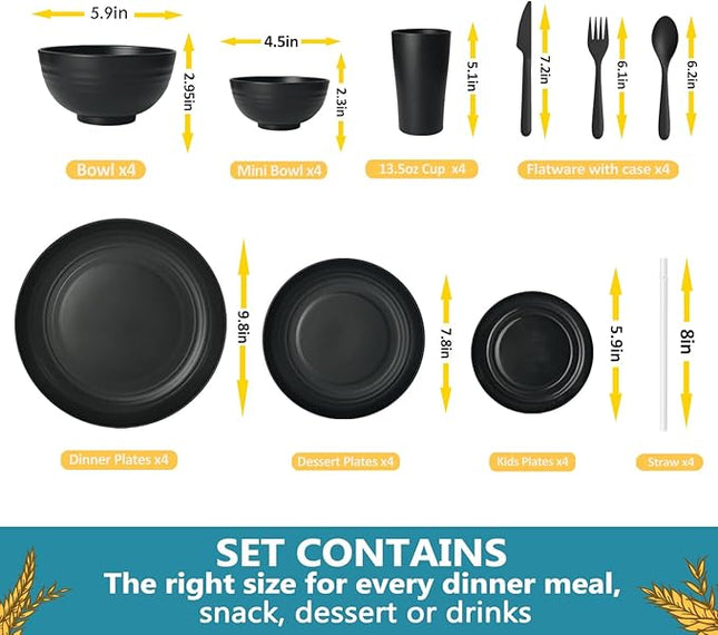 Teivio 40-Piece Kitchen Plastic Wheat Straw Dinnerware Sets, Service for 4, Dinner Plates,Dessert Plates,Cereal Bowls, Cups, Flatware,Dishwasher Safe, Unbreakable Outdoor Camping Dishes, Black