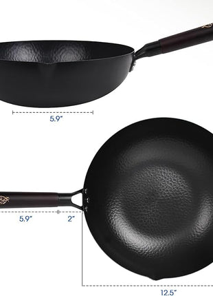 12.5 Inch Carbon Steel Wok For Electric, Induction and Gas Stoves (Lid, Spatula and User Guide Video Included)