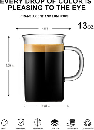 LUXU Glass Coffee Tea Cups(Set of 4)-13 oz,Clear Glass Mugs,Tall Drinking Glasses for Cappuccino,Latte,Espresso,Lead-free Drinking Glasses Great for Juice,Water,Beer,Milk Hot And Cold Drinks