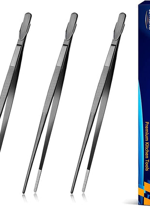 JETKONG 12-Inch Cooking Tweezers Tongs Precision Serrated Tips Stainless Steel Chef Tweezer, Set of 3 (12 12 12 Inch, Black)