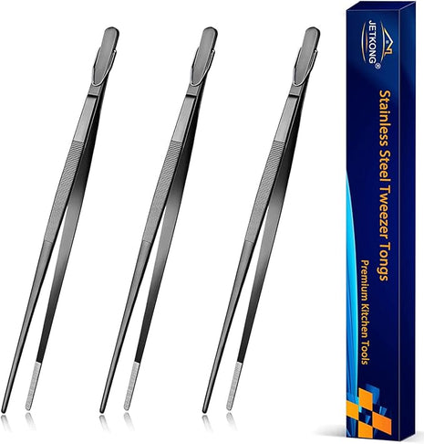 JETKONG 12-Inch Cooking Tweezers Tongs Precision Serrated Tips Stainless Steel Chef Tweezer, Set of 3 (12 12 12 Inch, Black)