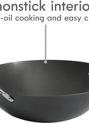 Kenmore Hammond 14-Inch Flat Bottom Carbon Steel Wok, Black, Durable Non-Stick Stir Fry Pan for Gas and Electric Stovetops