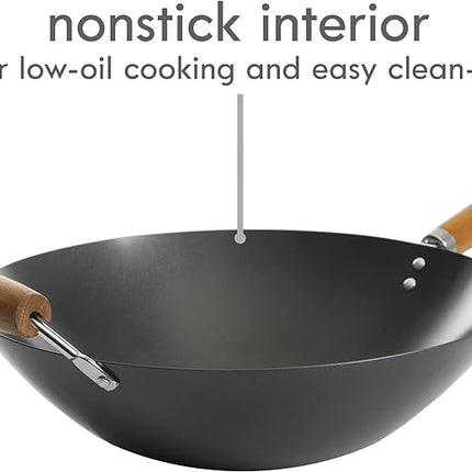 Kenmore Hammond 14-Inch Flat Bottom Carbon Steel Wok, Black, Durable Non-Stick Stir Fry Pan for Gas and Electric Stovetops