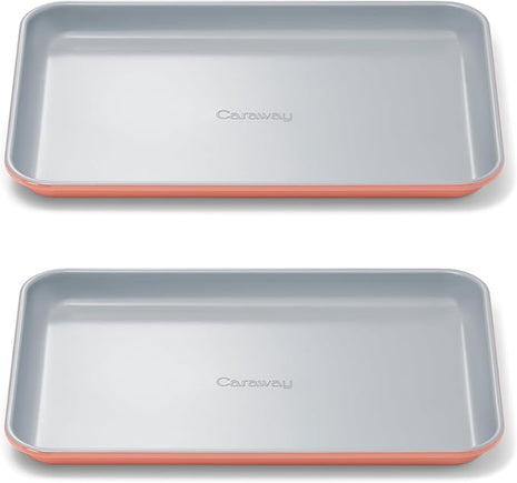 Caraway Nonstick Ceramic Small Baking Sheet Duo (9x13”) – Non-Toxic, PTFE & PFOA Free – Oven Safe – Aluminized Steel Core – Mini Sheet Pan for Baking, Roasting & More - Perracotta