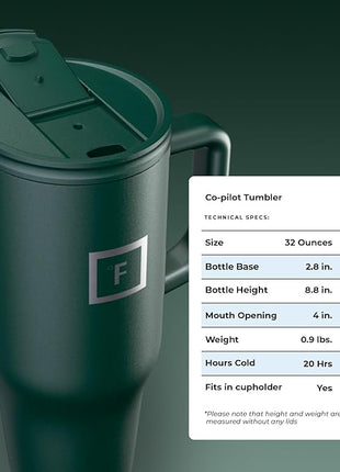 IRON °FLASK Co-Pilot Insulated Mug w/Straw & Flip Cap Lids - Cup Holder Bottle for Hot, Cold Drink - Leak-Proof - Water, Coffee Portable Travel Mug - Dark Pine, 32 Oz