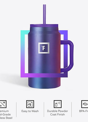 IRON °FLASK Co-Pilot Insulated Mug w/Straw & Flip Cap Lids - Cup Holder Bottle for Hot, Cold Drink - Leak-Proof - Water, Coffee Portable Travel Mug - Cobalt Blue, 50 Oz