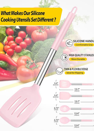 Pack of 4 Silicone Cooking Utensils Set, Non Stick Large Solid Spatulas, Heat Resistant Pink Slotted Spoons, Ideal BPA Free Kitchen Turners for Frying, Mixing,Serving,Draining,Turning,Stirring