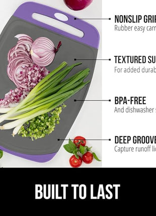 GORILLA GRIP BPA-Free Reversible Kitchen Cutting Board Set of 3, US Designed, Nonporous, Juice Grooves Catch Liquid, Slip Resistant Border, Dishwasher Safe, Durable Food Chopping Boards, Purple Gray