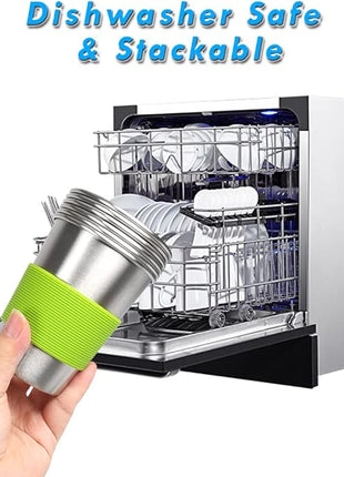 Kids Stainless Steel Cups, Kids Metal Drinking Glasses with Lids, Stainless Steel Straws and Sleeves, 12oz Reusable Water Tumbler for Children and Adults, Apply to Indoor and Outdoor