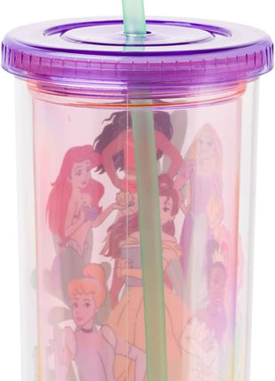 Silver Buffalo Disney Princess Featuring Moana, Rapunzel, Ariel, Tiana, Belle, and Cinderella Plastic Tall Cold Cup with Lid and Straw, 20 Ounces