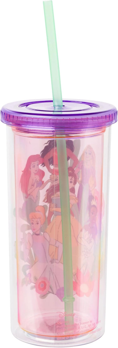 Silver Buffalo Disney Princess Featuring Moana, Rapunzel, Ariel, Tiana, Belle, and Cinderella Plastic Tall Cold Cup with Lid and Straw, 20 Ounces