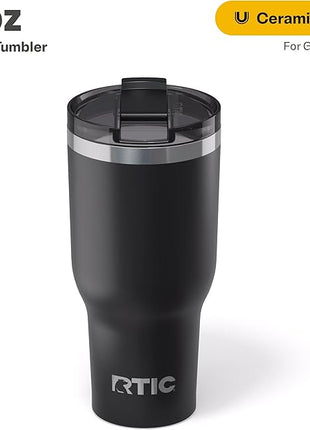 RTIC 40oz Essential Tumbler with Lid, Ceramic Lined, Insulated, Stainless Steel, Metal, Double Wall Vacuum-Insulation, Travel Cup for Iced Coffee, Tea, Hot and Cold Drink, Black
