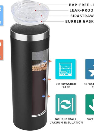 HASLE OUTFITTERS 20 oz Skinny Tumblers Bulk Set, Stainless Steel Insulated Slim Tumblers with Lids, Reusable Double Wall Travel Coffee Mugs, Durable Powder Coated Travel Water Cups(Black, 12)