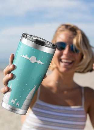 HAUSHOF 20oz Christmas Tumbler, Stainless Steel and Double Wall Insulated Travel Coffee Mug with Lid, Good Choice for Christsmas Gifts-Teal with Christmas Tree