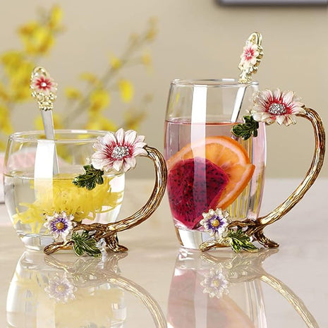 Enamel Sunflower Crystal Lead-Free Glass Tea Cup with Spoon Set, Present for The Christmas, Valentine's Day.Best Present for Mother, Grandma, Girlfriend, Sister.