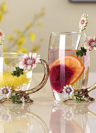 Enamel Sunflower Crystal Lead-Free Glass Tea Cup with Spoon Set, Present for The Christmas, Valentine's Day.Best Present for Mother, Grandma, Girlfriend, Sister.