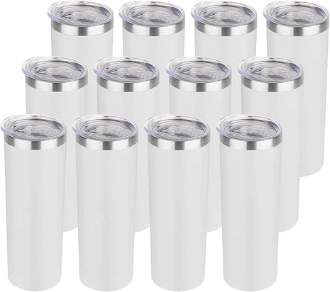 HASLE OUTFITTERS 20 oz Skinny Tumblers Bulk Set, Stainless Steel Insulated Slim Tumblers with Lids, Reusable Double Wall Travel Coffee Mugs, Durable Powder Coated Travel Water Cups(White, 12)