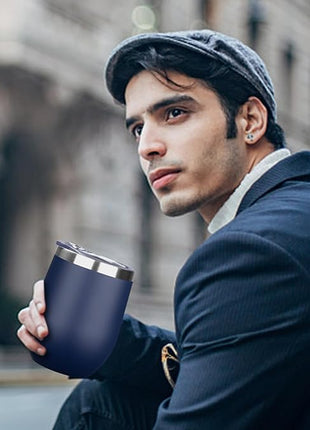 MEZMUT 12 Oz Insulated Wine Tumbler with Lid Double Wall Vacuum Stainless Steel Wine Glass Coffee Mug Insulated Tumbler Cup for Champaign, Cocktail, Beer (Navy, 1 Pack)