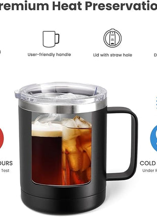 MEWAY 12oz Coffee Mug With Handle 4 Pack Bulk,Stainless Steel Insulated Travel Tumblers With Sliding Lid,Double Wall Vacuum Camping Cup for Hot & Cold Drinks Tea (Black,Set of 4)