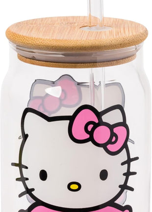 Silver Buffalo Sanrio Hello Kitty Halloween Spooky Skeleton Glass Jar Tumbler with Bamboo Lid and Glass Straw, 16 Ounces