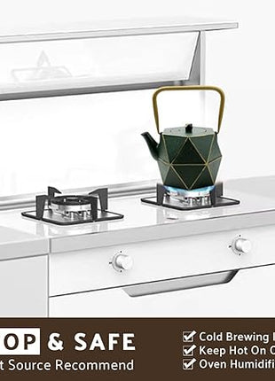 Toptier Cast Iron Teapot, Stovetop Safe Japanese Cast Iron Tea Kettle, Diamond Design Tea Pot with Removable Infuser for Loose Tea, 30 Ounce (900 ml), Dark Green