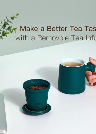 ZENS Tea Cup with Infuser and Lid, 12oz Green Tea Mug for Loose Leaf Tea Steeper, Wood Handle Tea Cup with Fine Tea Strainers Hot Diffusers, Ceramic Mugs Accessories for Tea Lovers Gifts