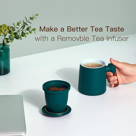 ZENS Tea Cup with Infuser and Lid, 12oz Green Tea Mug for Loose Leaf Tea Steeper, Wood Handle Tea Cup with Fine Tea Strainers Hot Diffusers, Ceramic Mugs Accessories for Tea Lovers Gifts