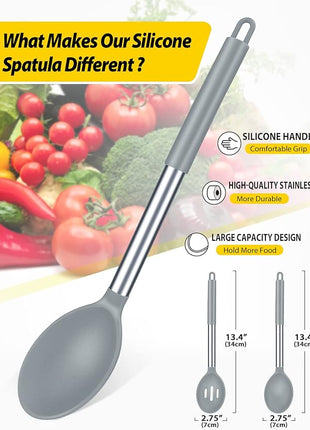 Pack of 2 Large Silicone Cooking Spoons,Non Stick Solid Basting Spoon,Heat-Resistant Kitchen Utensils for Mixing,Serving,Draining,Stirring (GREY)