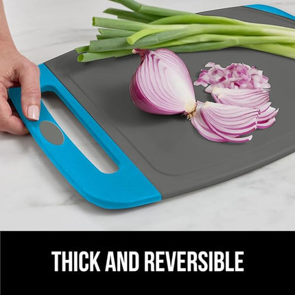 GORILLA GRIP BPA-Free Reversible Kitchen Cutting Board Set of 3, US Designed, Nonporous, Juice Grooves Catch Liquid, Slip Resistant Border, Dishwasher Safe, Durable Food Chopping Boards, Aqua Gray