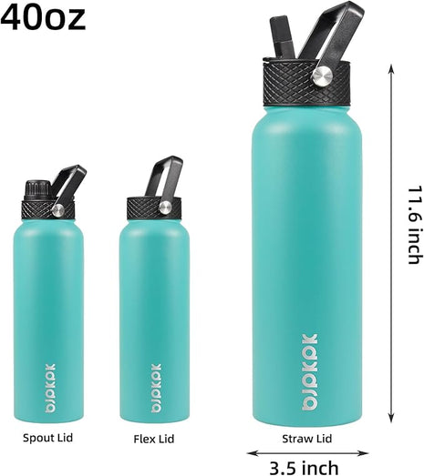 BJPKPK Insulated Water Bottles with Straw Lid, 40oz Stainless Steel Water Bottles with 3 Lids, BPA Free Leakproof Thermo, Tumblers, Cups for Sports, Gym- Turquoise