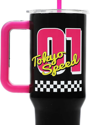 Bioworld Hello Kitty Race Car 40 Oz Black & Pink Stainless Steel Tumbler With Handle