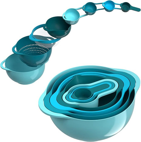 Mixing Bowls-Plastic Nesting Mixing Bowl Set of 8, Kitchen Gadgets for Apartments Space Saving, Including Measuring Cups Sifter Colander, Easy Storage Cooking Baking, Rv Camper Accessories, No BPA