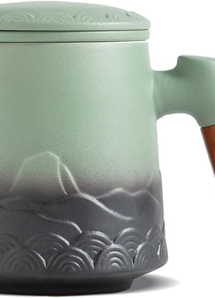 ZENS Tea Mug with Infuser and Lid for Loose Leaf Tea Steeper, 16.9 oz Embossed Ceramic Tea Cup with Fine Strainersand Wood Handle, Diffusers Accessories for Tea Lovers Gifts