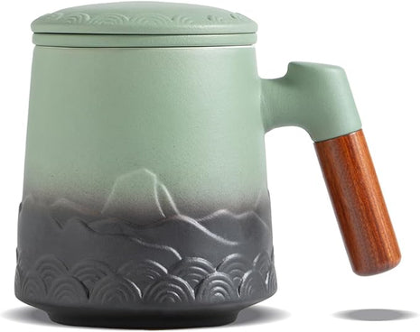 ZENS Tea Mug with Infuser and Lid for Loose Leaf Tea Steeper, 16.9 oz Embossed Ceramic Tea Cup with Fine Strainersand Wood Handle, Diffusers Accessories for Tea Lovers Gifts