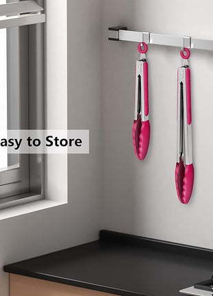 Premium Stainless Steel Food Tongs, 9-Inch & 12-Inch Wine Red Silicone BPA Free Non-Stick BBQ Cooking Grilling Locking Kitchen Tong