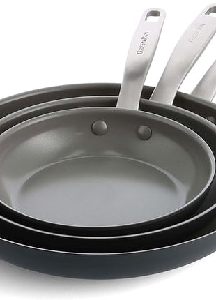 GreenPan Chatham Hard Anodized Healthy Ceramic Nonstick, 8" 9.5" and 11" 3 Piece Frying Pan Skillet Set, PFAS-Free, Dishwasher Safe, Oven and Broiler Safe, Gray