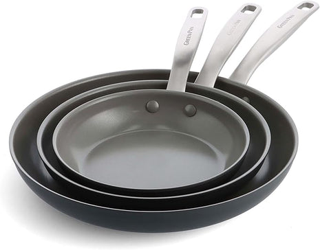 GreenPan Chatham Hard Anodized Healthy Ceramic Nonstick, 8" 9.5" and 11" 3 Piece Frying Pan Skillet Set, PFAS-Free, Dishwasher Safe, Oven and Broiler Safe, Gray