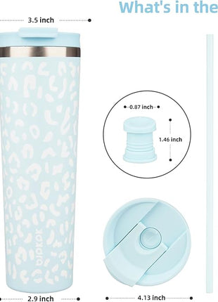 BJPKPK 34oz Tumbler With lid And Straw Stainless Steel Travel Coffee Mug Insulated Tumblers Cups,Light Blue Leopard