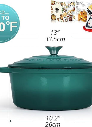 Overmont Enameled Cast Iron Dutch Oven - 5.5QT Pot with Lid Cookbook & Cotton Potholders - Heavy-Duty Cookware for Braising, Stews, Roasting, Bread Baking bottle green