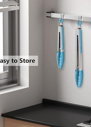 Set of 2 Kitchen Tongs, Premium Stainless Steel Locking 9-Inch & 12-Inch Silicone Grilling Barbeque Cooking Food Tong, Blue