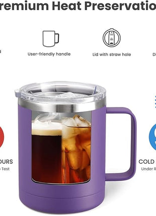 MEWAY 12oz Coffee Mug With Handle 4 Pack Bulk,Stainless Steel Insulated Travel Tumblers With Sliding Lid,Double Wall Vacuum Camping Cup for Hot & Cold Drinks Tea (Purple,Set of 4)