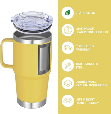 VEGOND 20 oz Tumbler Bulk with Handle Lid and Straw, Stainless Steel Insulated Travel Coffee Mug Set, Spill Proof Double Wall Metal Tumblers Cups, Yellow 6 Pack