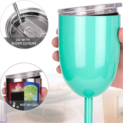 AMZUShome Stainless Steel Wine Glasses(2 Pack).Double Walled Vacuum Insulated Wine Tumbler Cups With Lid and Straw.Friendship,Christmas,Birthday Gifts for Women Men Friends Dad Mom(10oz Mint Green)