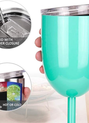 AMZUShome Stainless Steel Wine Glasses Cups.Double Walled Vacuum Insulated Wine Tumbler With Lid and Straw.Friendship,Christmas,Birthday Gifts for Women Men Friends Dad Mom(10oz Mint Green)