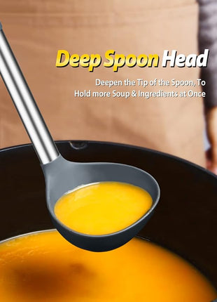 Silicone Pasta Fork and Ladle Spoon Set, Large Non Stick Kitchen Utensils for Cooking,Stirring,Serving Spaghetti, Soup, Sauce (GRAY)